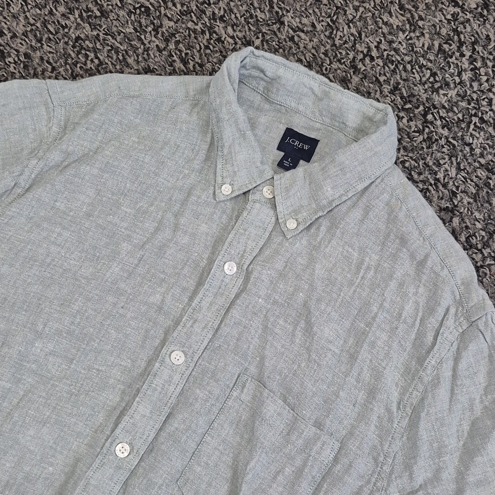 J Crew Shirt Mens Large Green Short‎ Sleeve Button Down Linen Blend Beach